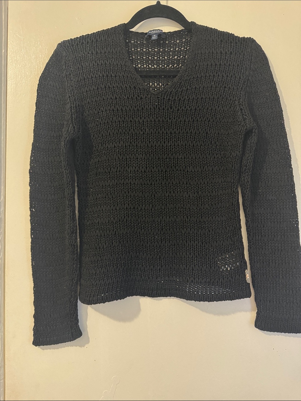 Burberry Black Open-Knit V-Neck Sweater - Women's